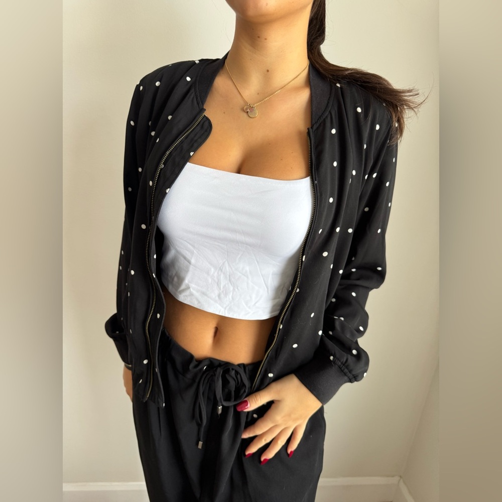 Who What Wear Black White Polka Dot Bomber Jacket